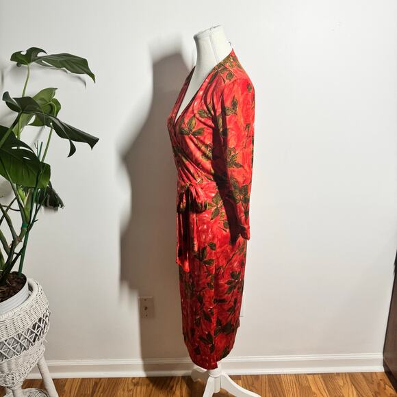 Fiori Di Zucca Silk Wrap Dress Women S Red Orange Leaf Print Knee Length Career - Picture 9 of 11